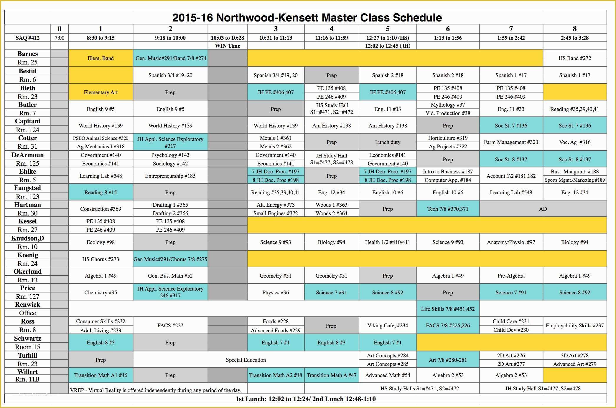 Free School Master Schedule Template Of northwood Kensett 2015 2016 High School Class Schedule