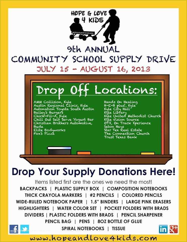 Free School Supply Drive Flyer Template Of Drop F Locations for the Hope & Love 4 Kids Backpack
