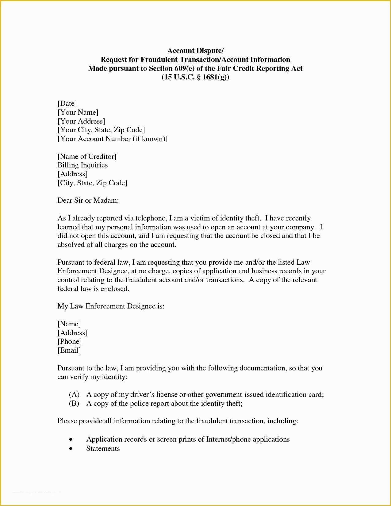 Free Section 609 Credit Dispute Letter Template Of Section 609 Credit Dispute Letter Template