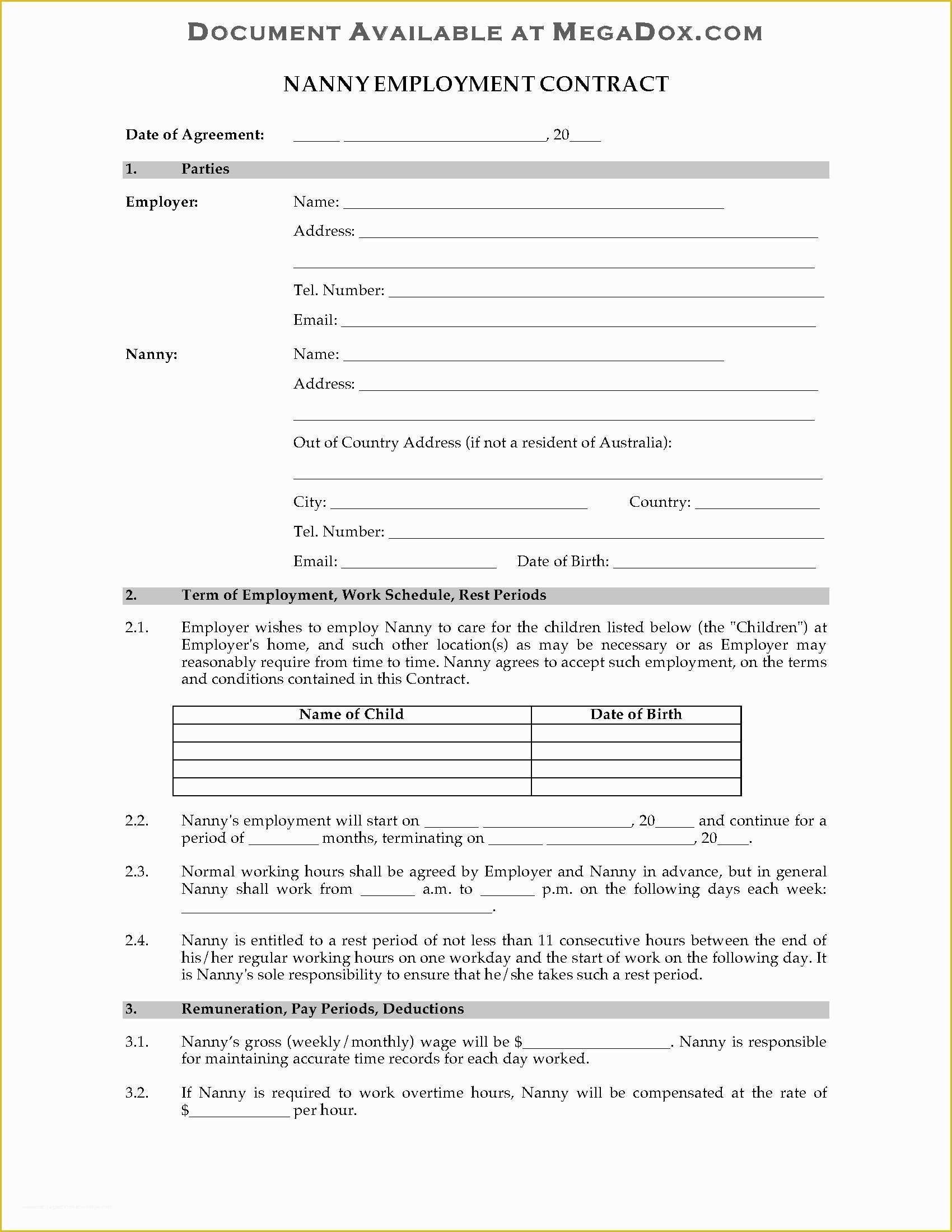 Free Service Agreement Template Australia Of Australia Nanny Employment Contract