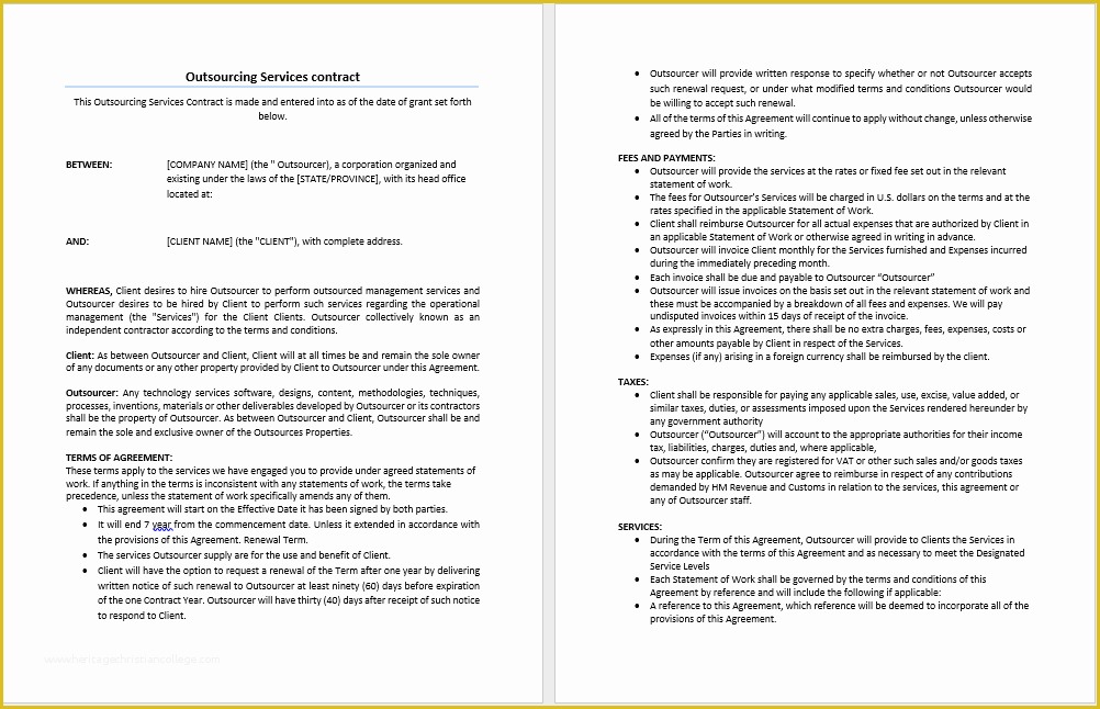 Free Service Contract Template Of Outsourcing Services Contract Template Microsoft Word