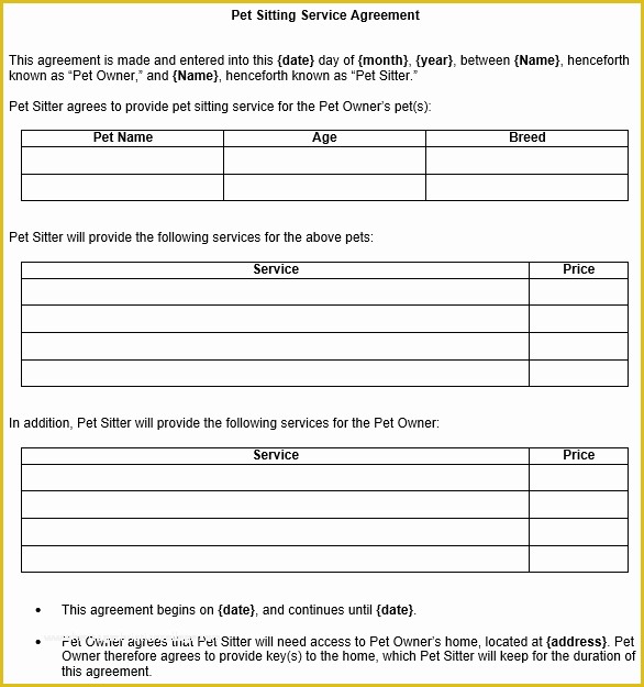 Free Service Contract Template Of Pet Sitting Contract Template