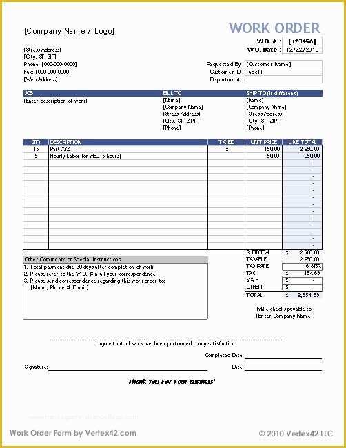 Free Service order Template Of Download the Work order form From Vertex42