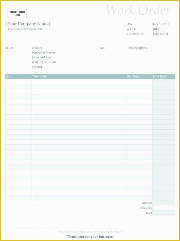 Free Service order Template Of Service Work order