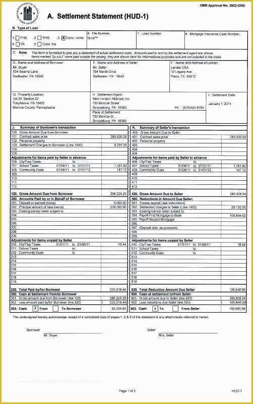 Free Settlement Statement Template Of Hud 1 Settlement Statement Example Readleaf Document