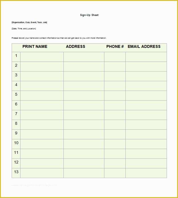 Free Sign Up Sheet Template Of 40 Sign Up Sheet Sign In Sheet Templates Word & Excel