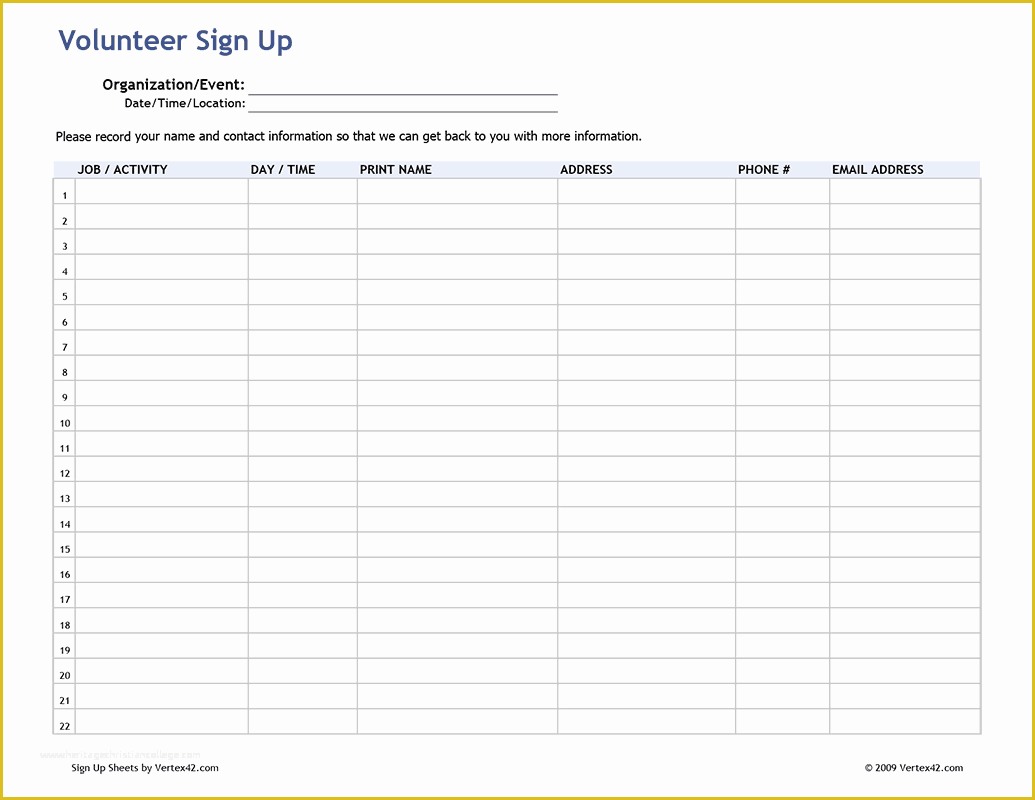 Free Sign Up Sheet Template Of Free Printable Volunteer Sign Up Sheet Pdf From Vertex42