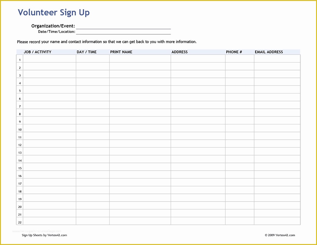 Free Sign Up Sheet Template Of Free Printable Volunteer Sign Up Sheet Pdf From Vertex42