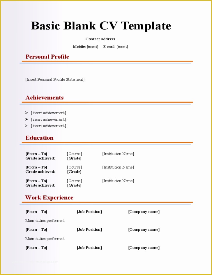 Free Simple Resume Templates Of Basic Blank Cv Resume Template for Fresher Free Download