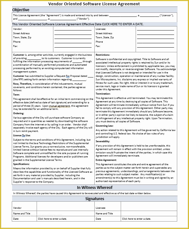 Free software License Agreement Template Of Vendor oriented software License Agreement Template Ms