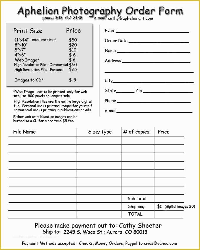Free Sports Photography order form Template Of Aphelion Graphy order form