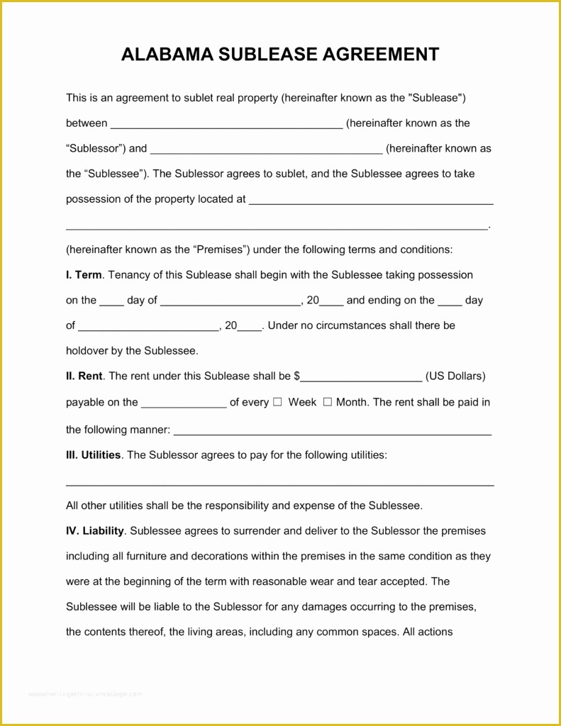 Free Sublease Agreement Template Word Of Free Alabama Sublease Agreement Template Pdf