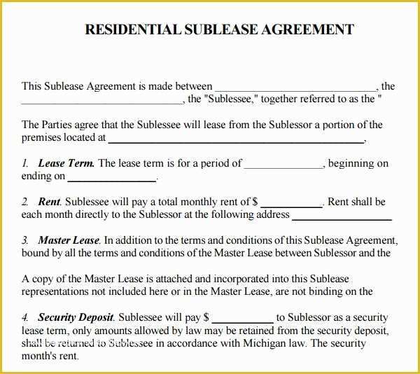 Free Sublease Agreement Template Word Of Printable Sample Sublease Agreement Template form