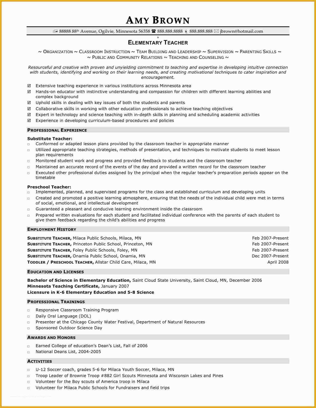 Free Teacher Cv Template Of 7 Elementary Teacher Resume Templates