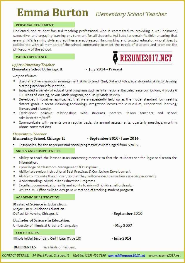 Free Teacher Cv Template Of Elementary School Teacher Resume Examples 2017