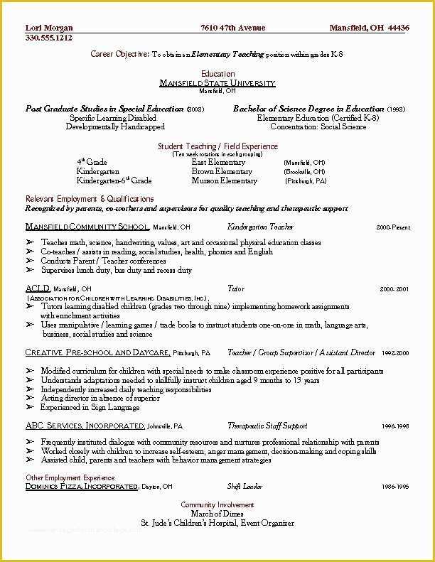 Free Teacher Cv Template Of Elementary Teacher Resume Sample