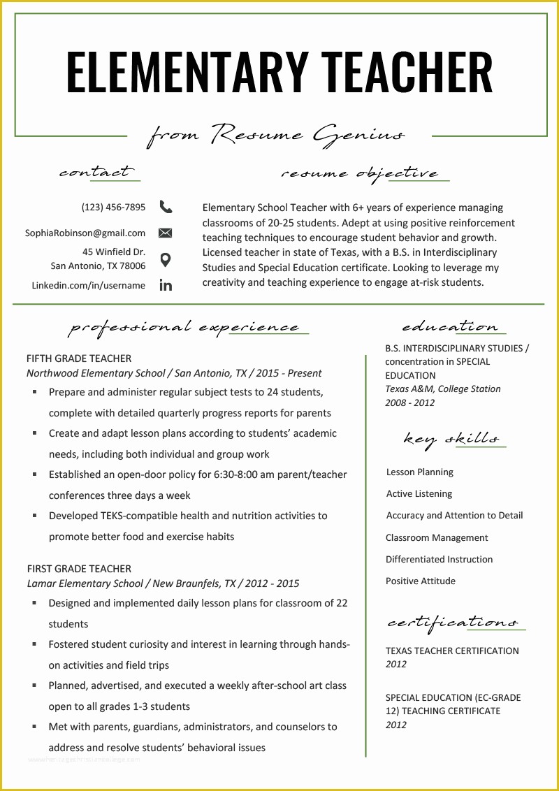 Free Teacher Cv Template Of Elementary Teacher Resume Samples & Writing Guide