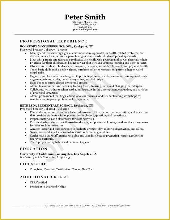 Free Teacher Cv Template Of Preschool Teacher Resume Samples