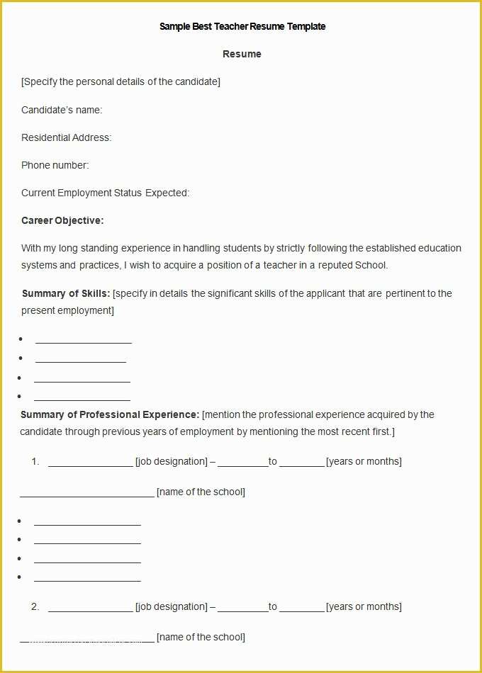Free Teacher Cv Template Of Resume Templates – 127 Free Samples Examples & format
