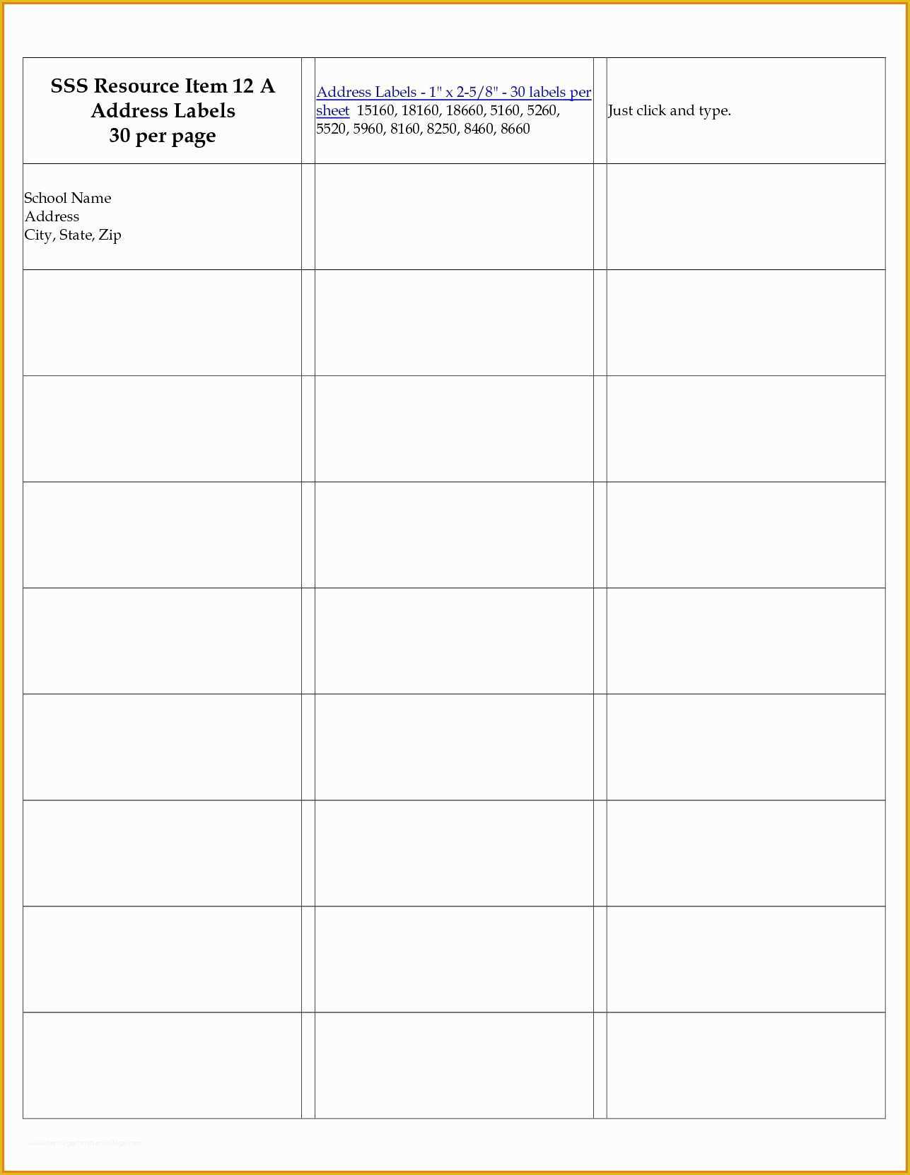Free Template for Address Labels 30 Per Sheet Of Return Address Labels Template 30 Per Sheet with Return