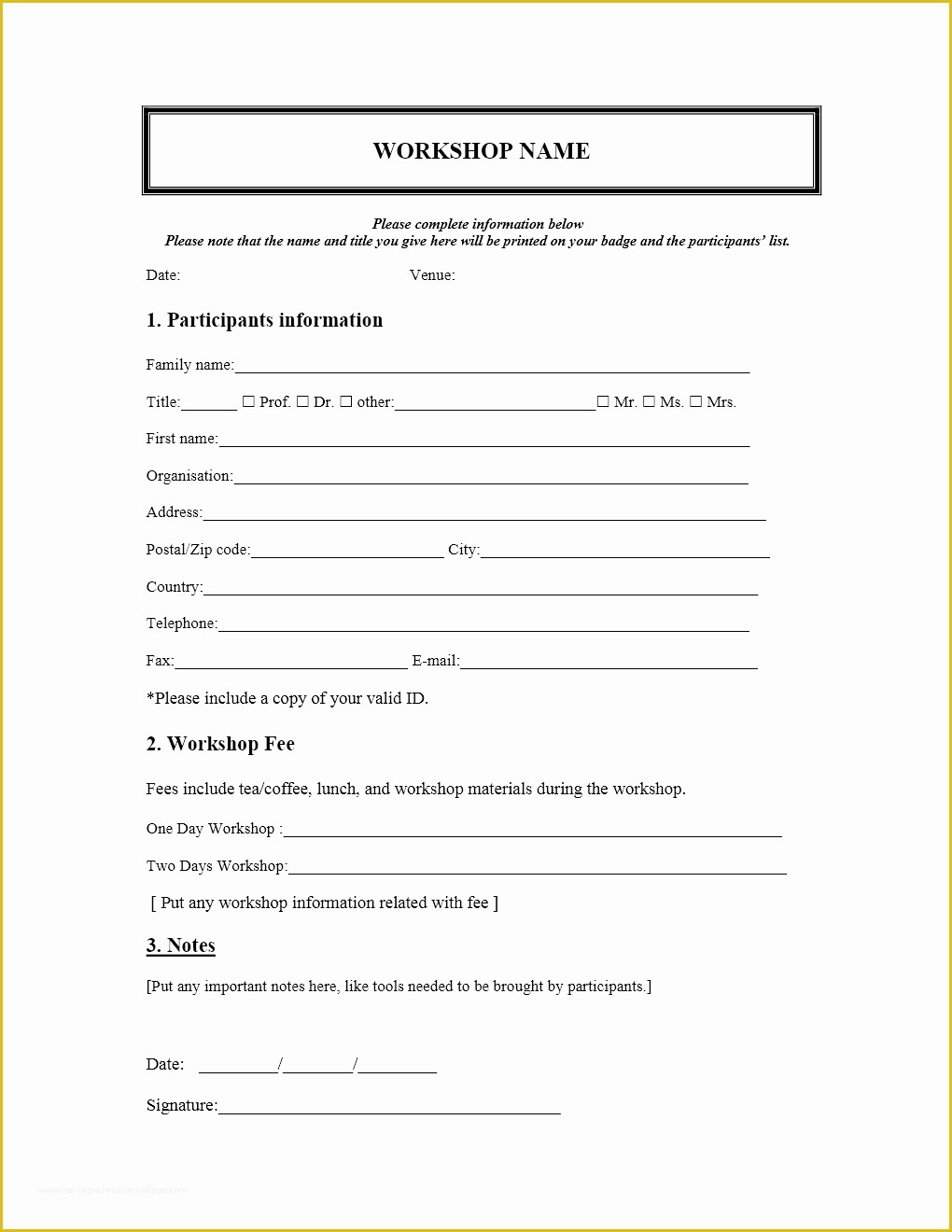 Free Template for Registration form In HTML Of Workshop Registration form