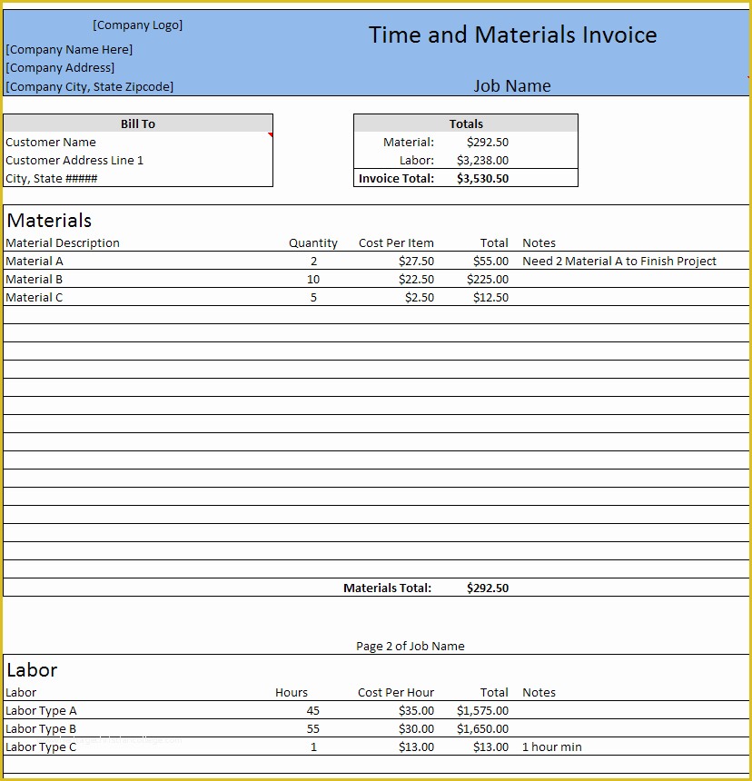 Free Time and Material Template Of Free Construction Time and Material forms