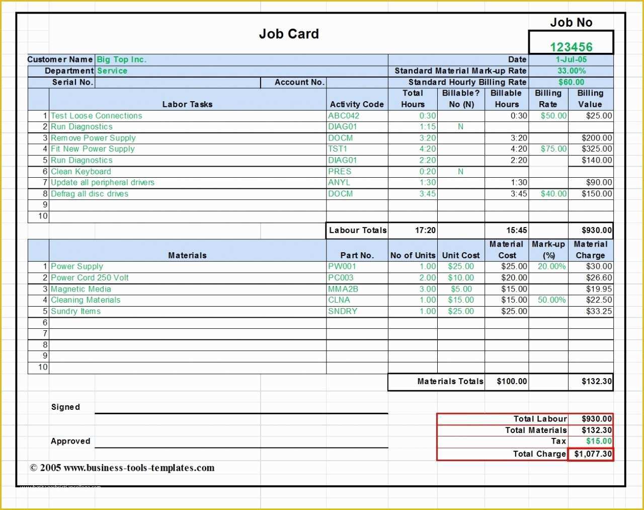 Free Time and Material Template Of Labor and Material Cost Estimator Job Card Template Excel