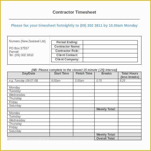 Free Timesheet Template for Mac Of Contractor Timesheet Template Xls