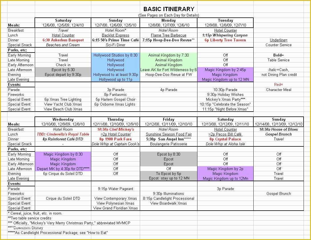Free Travel Itinerary Planner Template Of Basic 2017 December Disney World Itinerary
