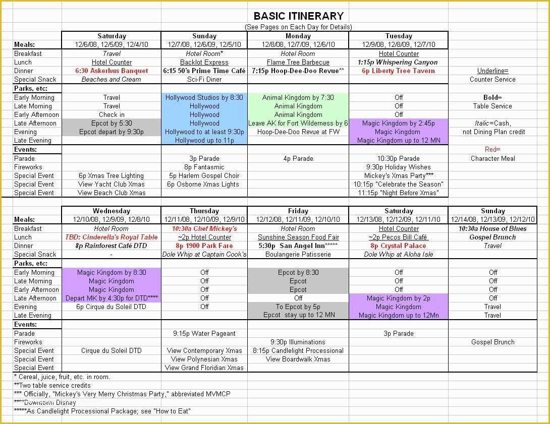 Free Travel Itinerary Template Of Basic 2017 December Disney World Itinerary