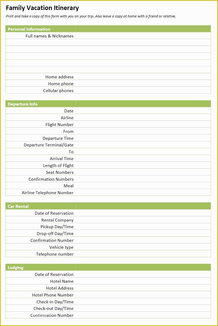 Free Travel Itinerary Template Of Family Vacation Itinerary