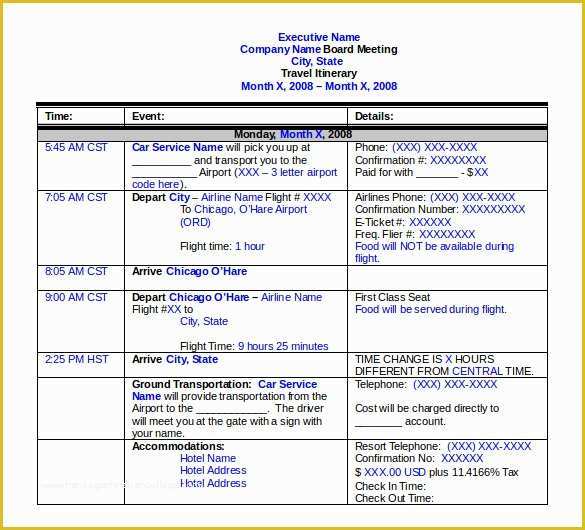 Free Travel Itinerary Template Of Travel Itinerary Template