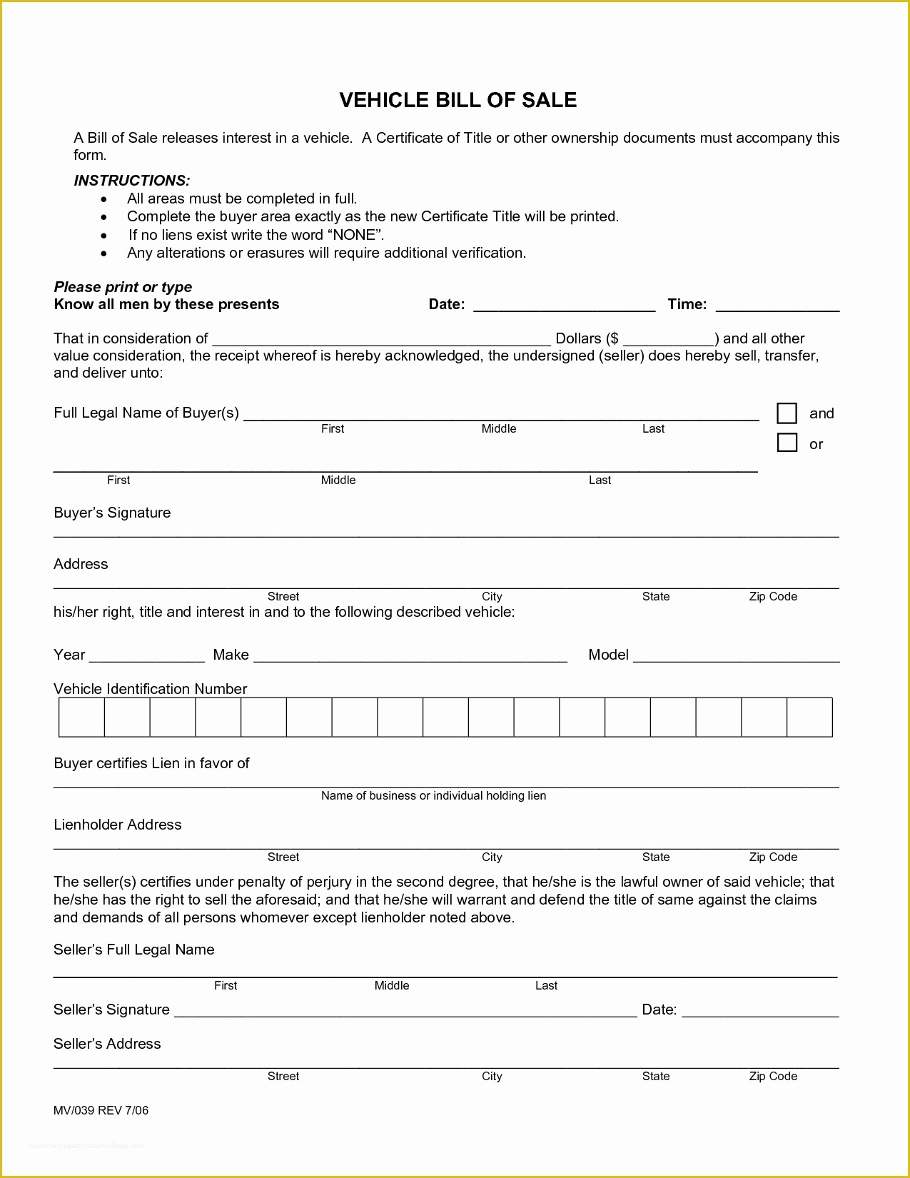 Free Vehicle Bill Of Sale Template Of Free Printable Free Car Bill Of Sale Template form Generic