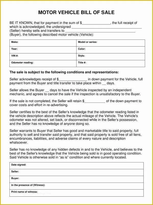 Free Vehicle Bill Of Sale Template Of Motor Vehicle Bill Sale Template