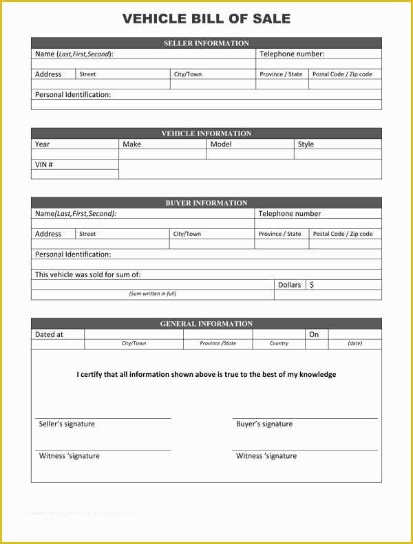 Free Vehicle Bill Of Sale Template Pdf Of Printable Sample Blank Bill Sale form