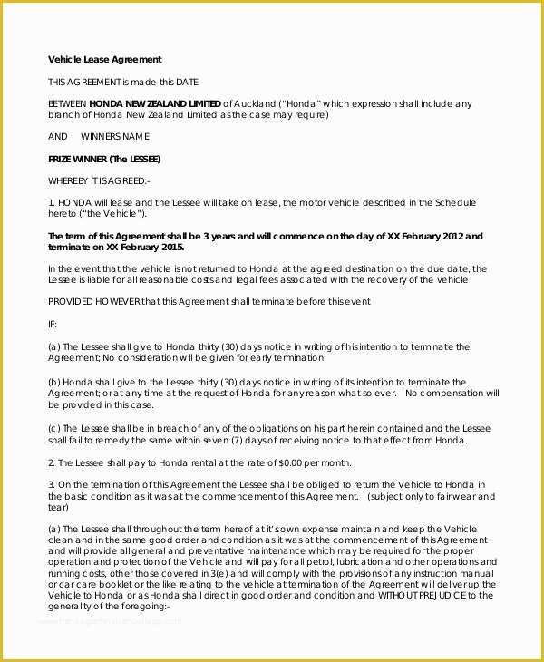Free Vehicle Rental Agreement Template Of 12 Vehicle Lease Agreement Templates Docs Word