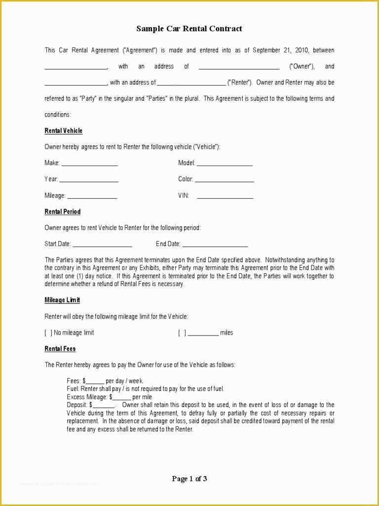 Free Vehicle Rental Agreement Template Of Sample Vehicle Lease Agreement Pdf Useful Car Rental form
