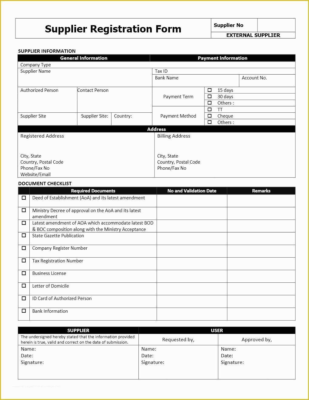 Free Vendor Application form Template Of Supplier Registration form