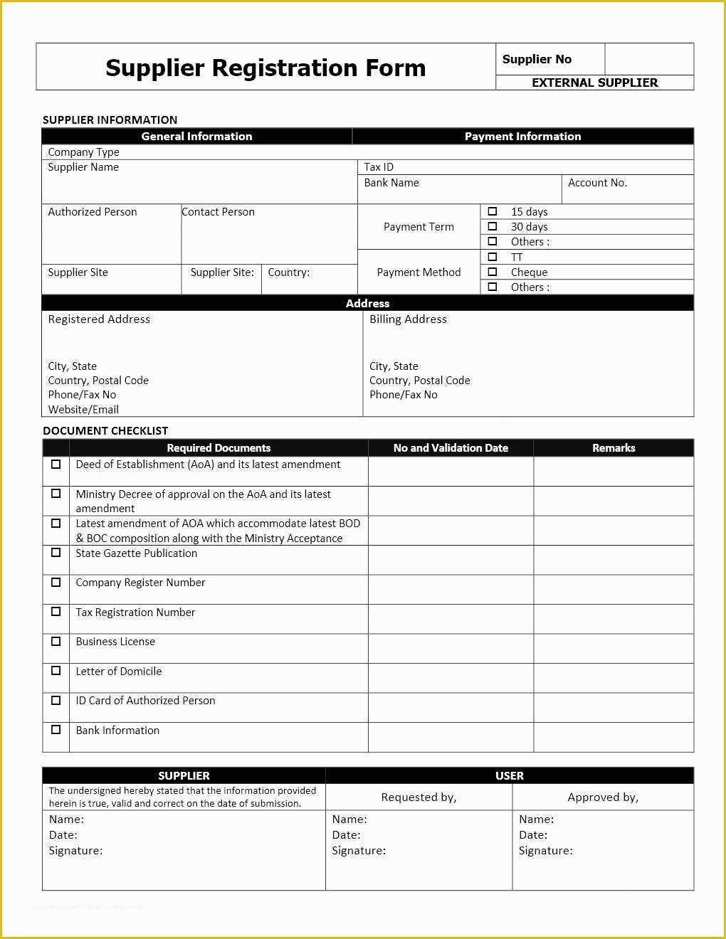 Free Vendor Application form Template Of Supplier Registration form