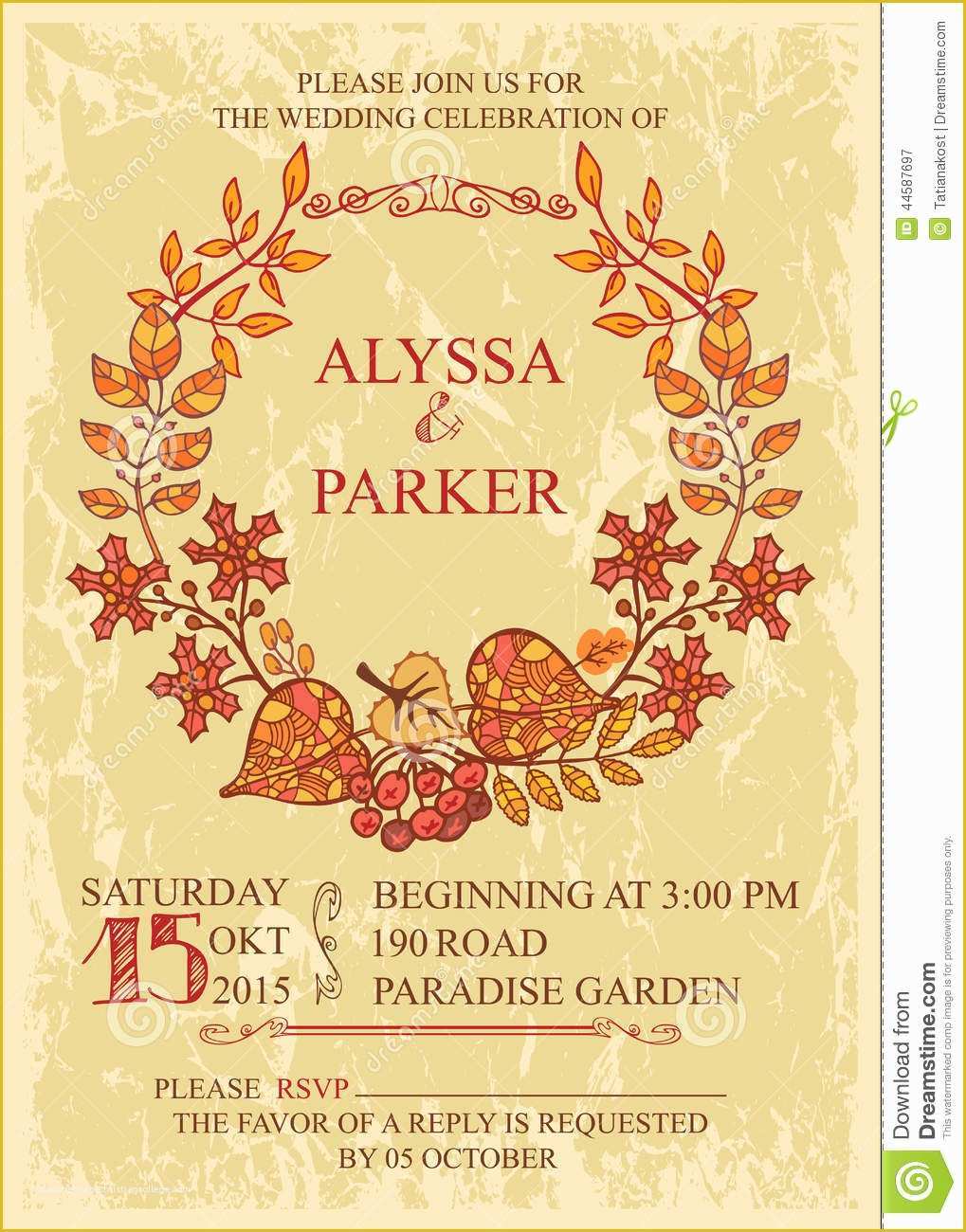 Free Vintage Wedding Invitation Templates Of Vintage Fall Wedding Invitation with Leaves Wreath Stock