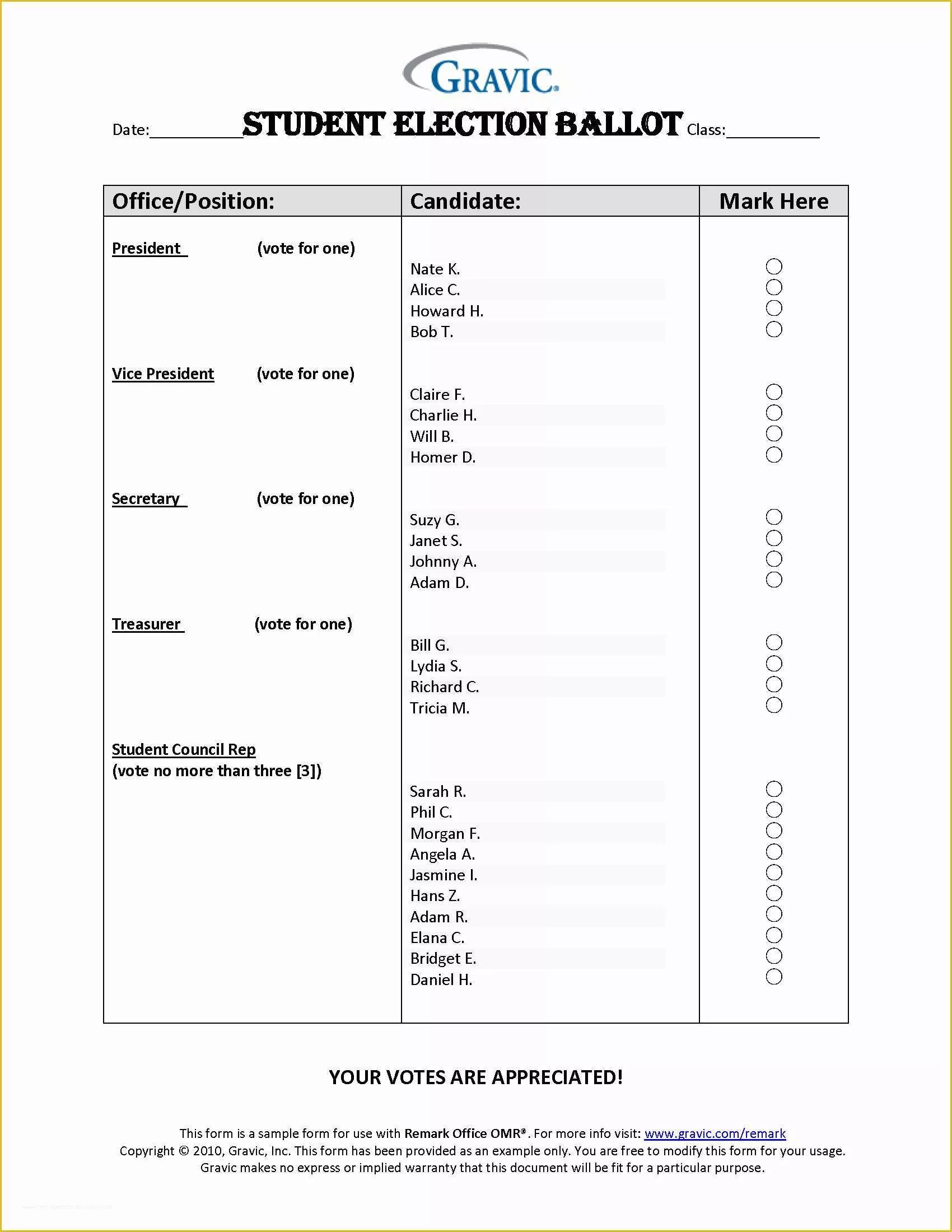 Free Voting form Template Of Student Election Ballot · Remark software