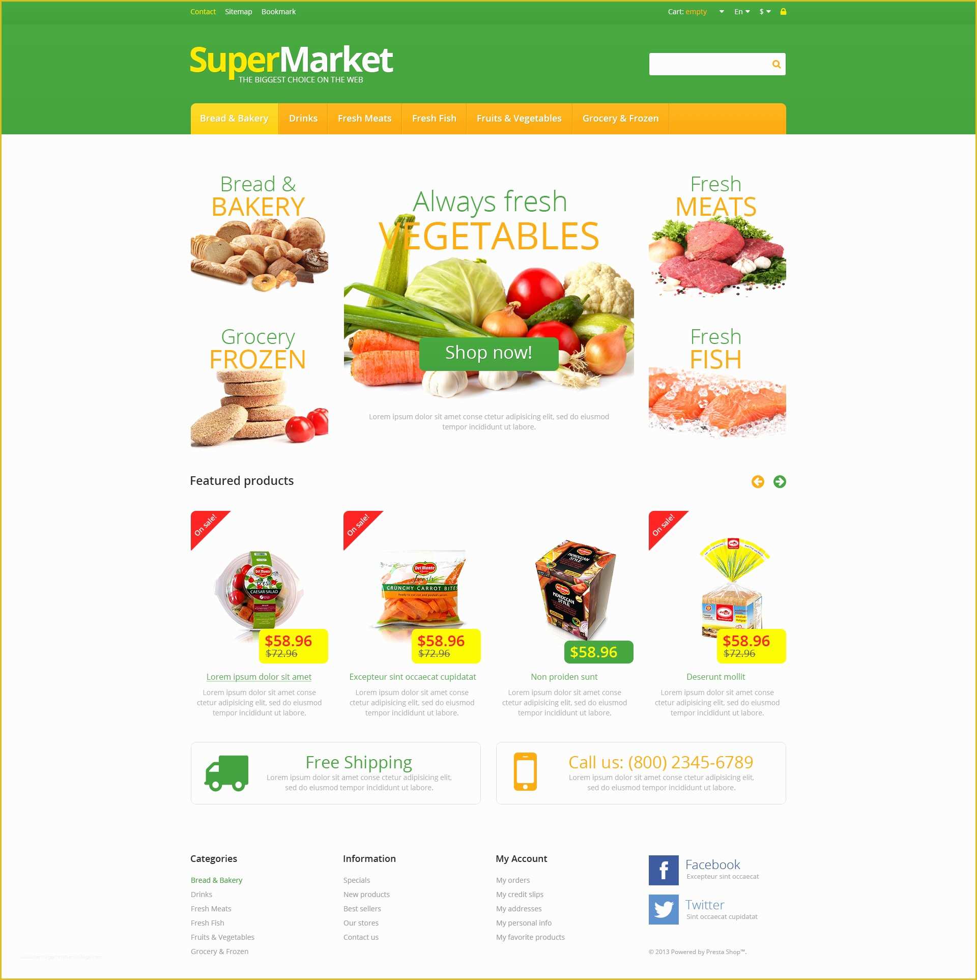 Free Website Template for Online Food ordering Of Responsive Supermarket Prestashop theme