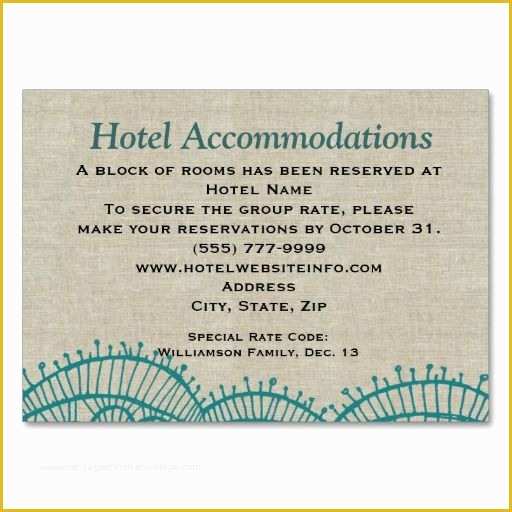 Free Wedding Accommodation Card Template Of Linen Teal Lace Hotel Ac Modation Insert Cards