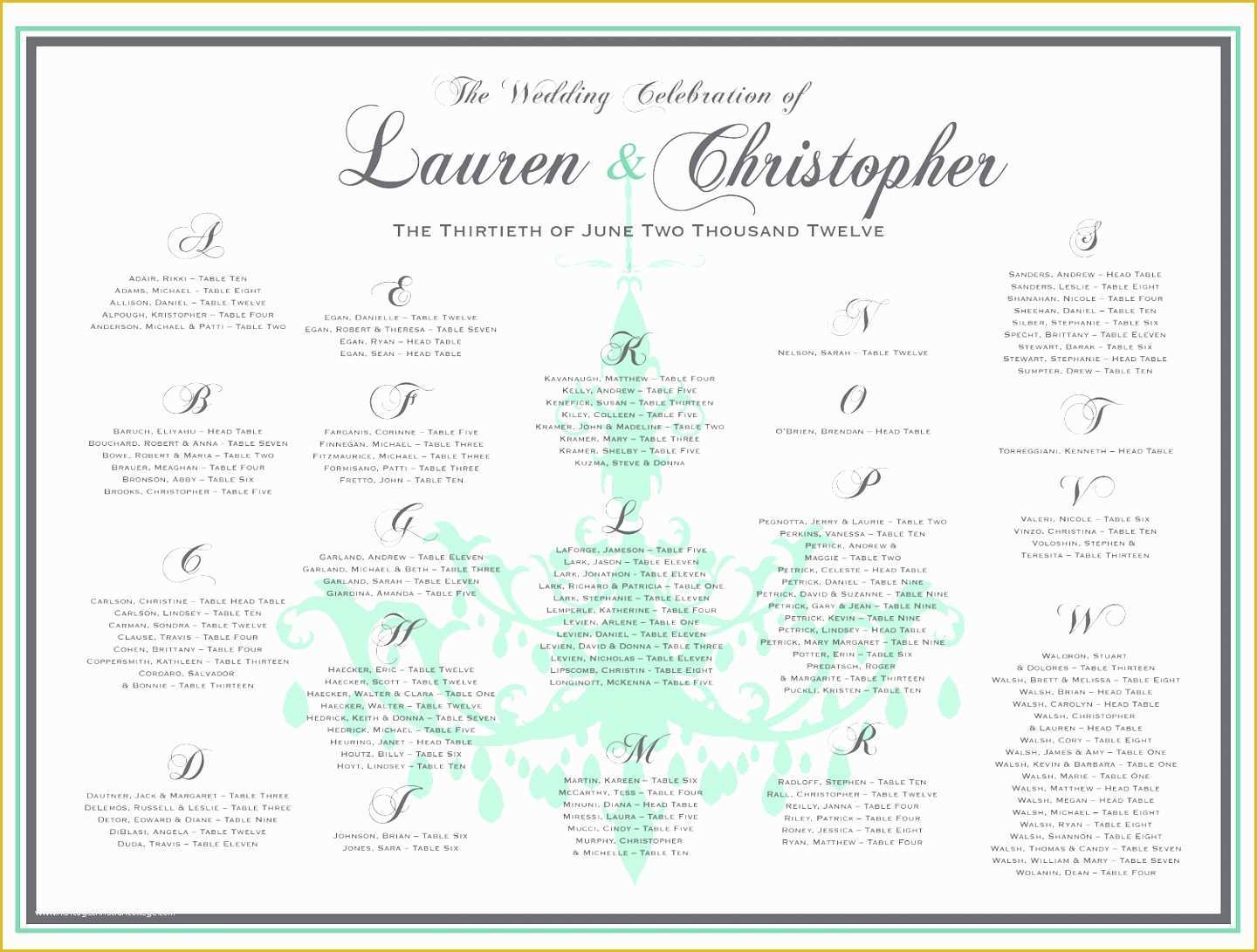 Table Seating Chart For Wedding Reception Template