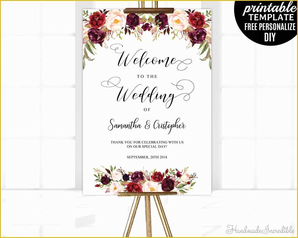 Free Wedding Sign Templates Of Marsala Wedding Wel E Poster Template Printable Floral