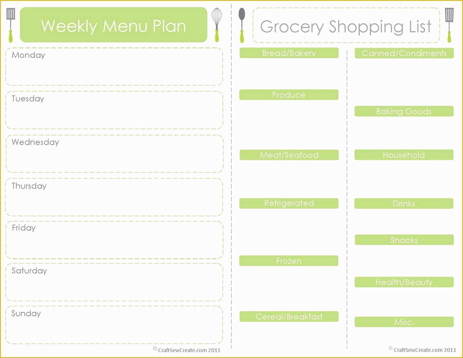 Free Weekly Meal Planner Template with Grocery List Of Craft Sew Create Free Printable Menu Plan Shopping List