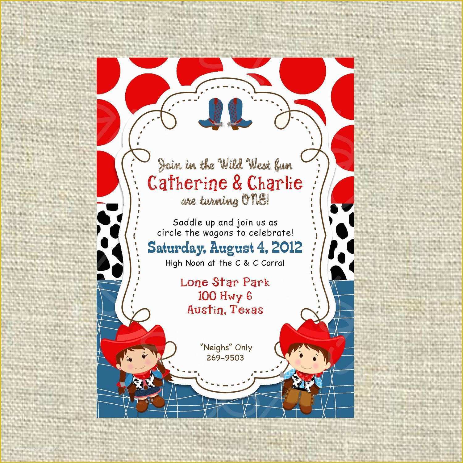 Free Western Baby Shower Invitation Templates Of Twins Birthday Cowboy Cowgirl Boy Invitation Western Baby