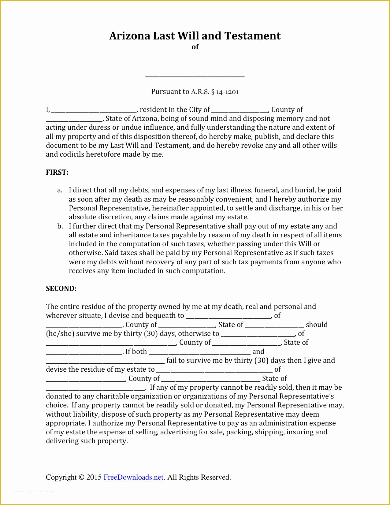Free Will Template Arizona Of Download Arizona Last Will and Testament form Pdf