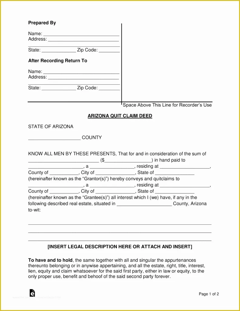 Free Will Template Arizona Of Free Arizona Quit Claim Deed form Word Pdf