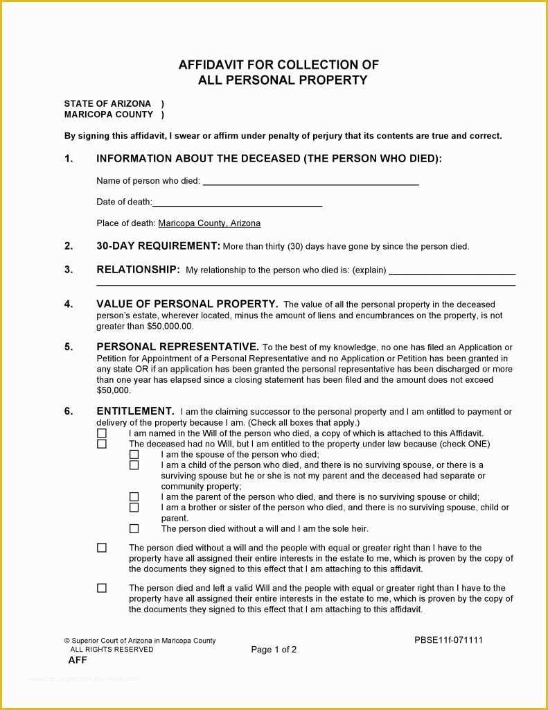 Free Will Template Arizona Of Free Maricopa County Arizona Small Estate Affidavit form